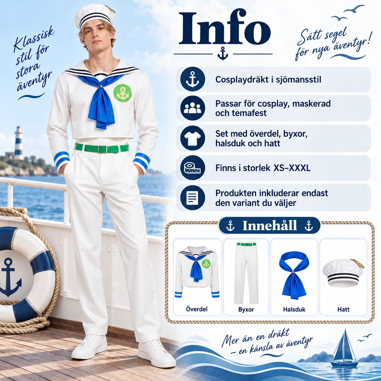 Cosplaydräkt med sjömansuniform för maskerad