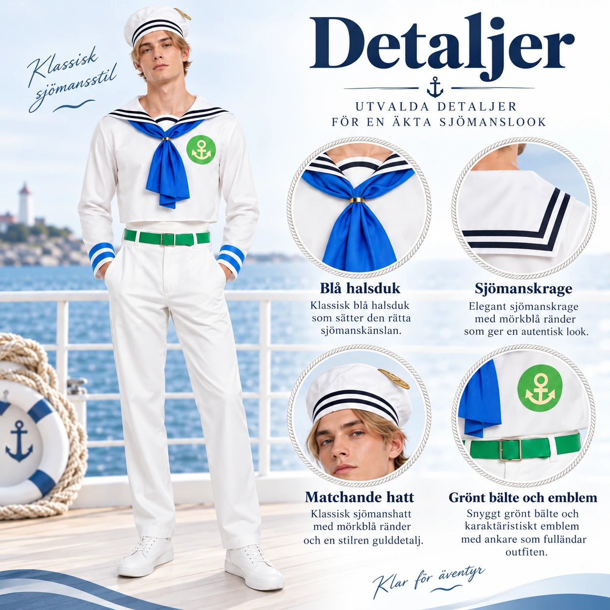 Cosplaydräkt med sjömansuniform för maskerad