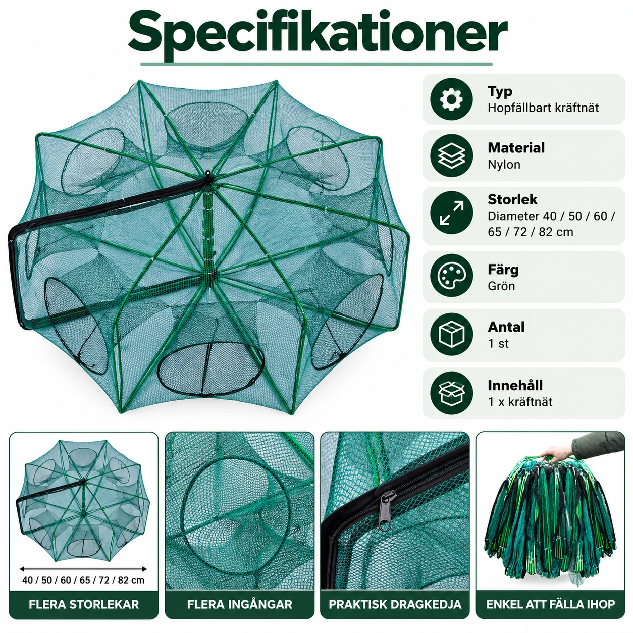 Hopfällbart kräftnät i nylon