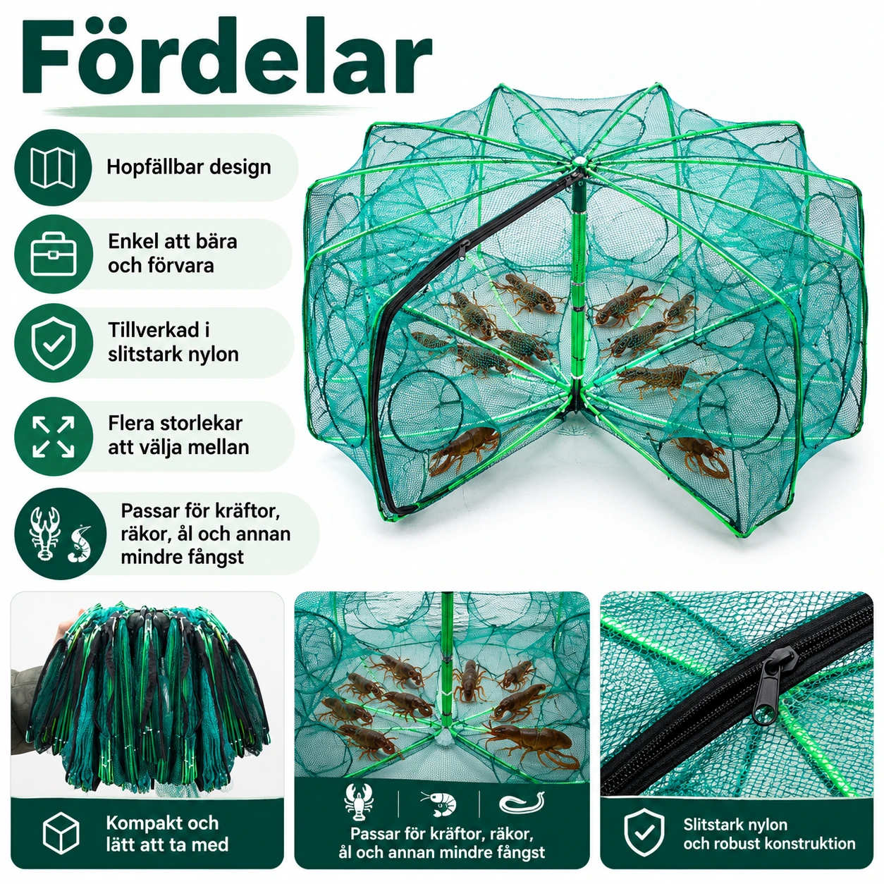 Hopfällbart kräftnät i nylon