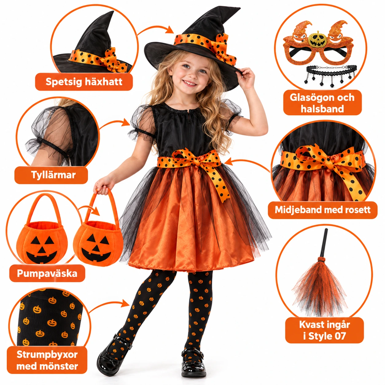 Häxdräkt för barn till Halloween i satin och tyll