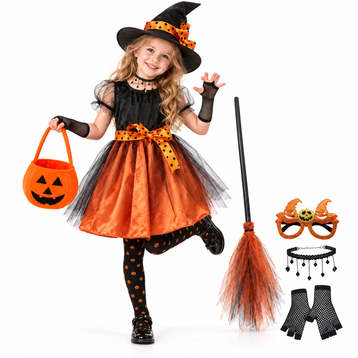 Häxdräkt för barn till Halloween i satin och tyll