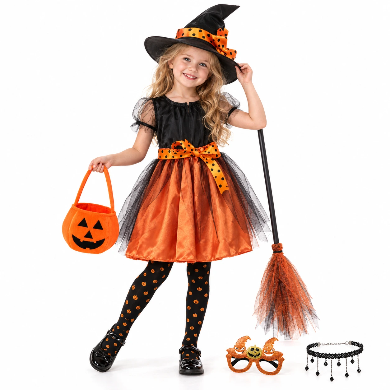 Häxdräkt för barn till Halloween i satin och tyll