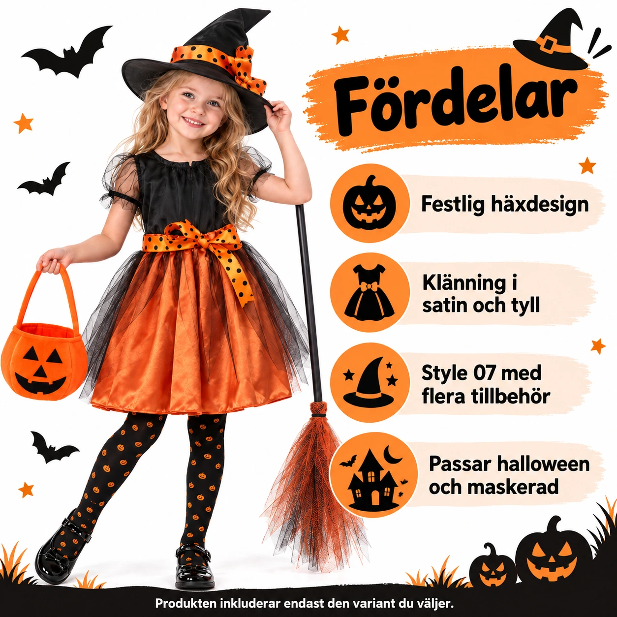 Häxdräkt för barn till Halloween i satin och tyll