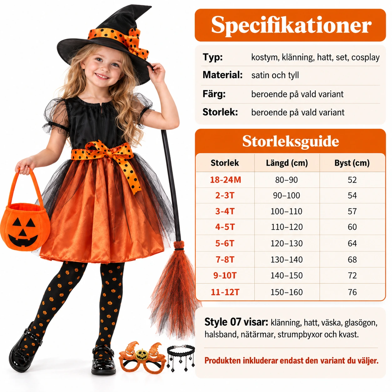 Häxdräkt för barn till Halloween i satin och tyll