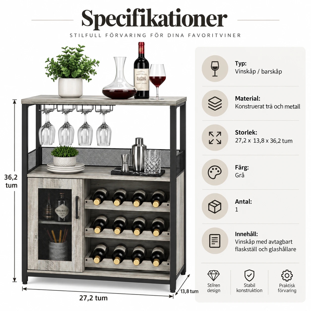 Vinskåp med flaskställ och glashållare, 3 nivåer