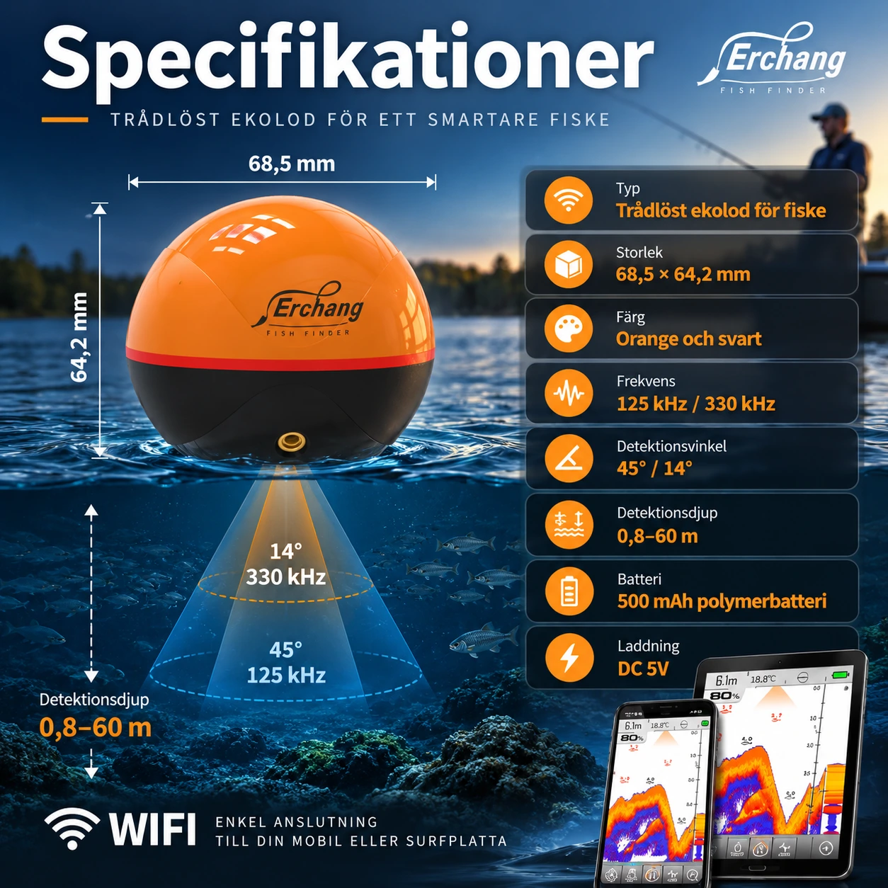Trådlöst ekolod för fiske med wifi och 60 m djup