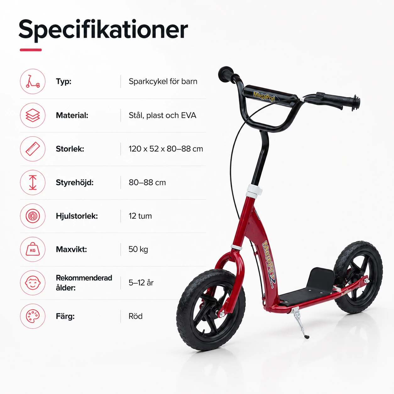 Sparkcykel för barn med 12-tumshjul och justerbart styre