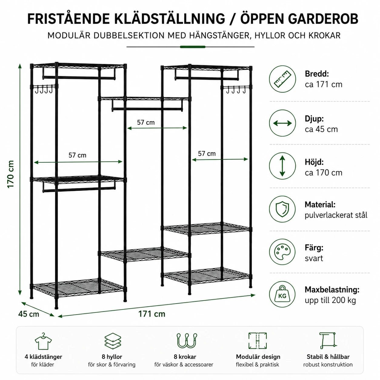 Klädställning med Hyllor och Klädstänger 171 cm