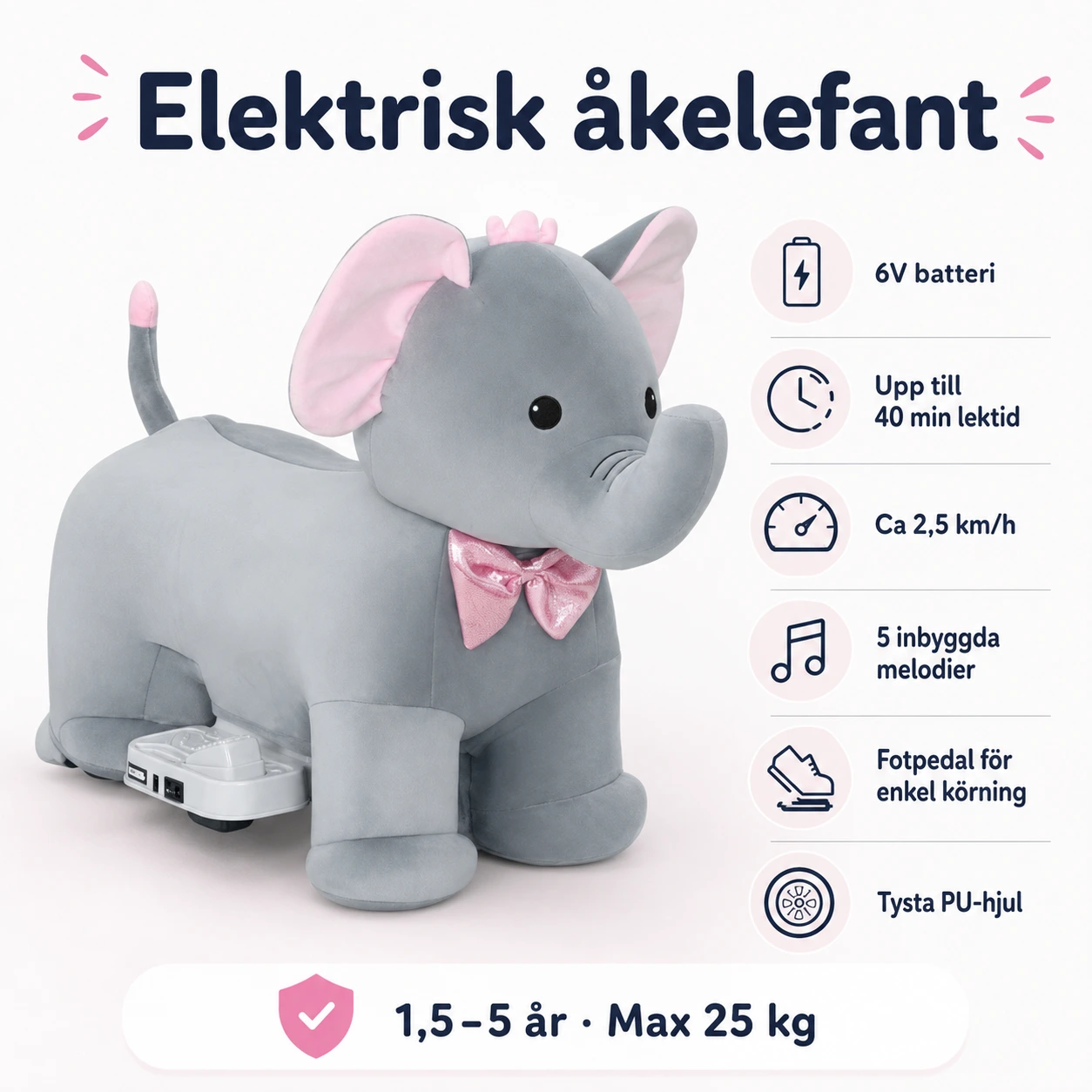 Elektrisk åkelefant för barn med musik och 6V batteri