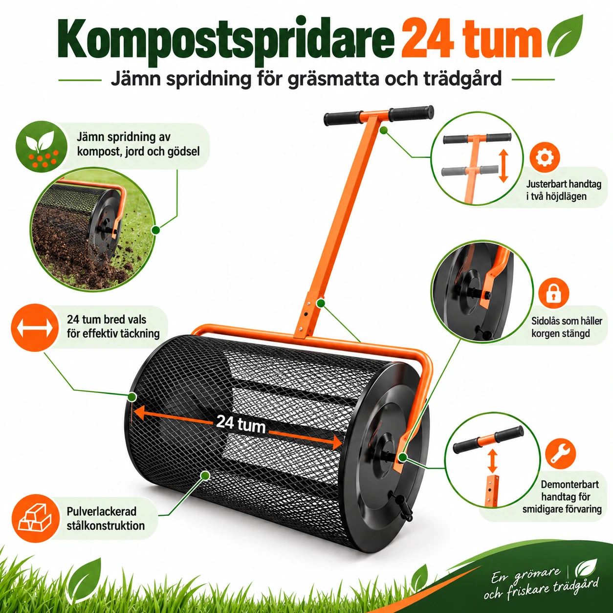 Kompostspridare för gräsmatta och trädgård, 24 tum