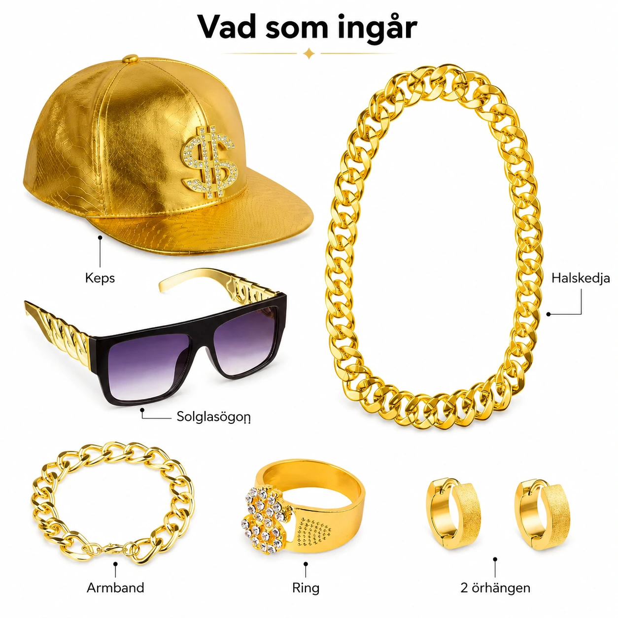 Hip Hop Accessoarer Guld – Kostymset