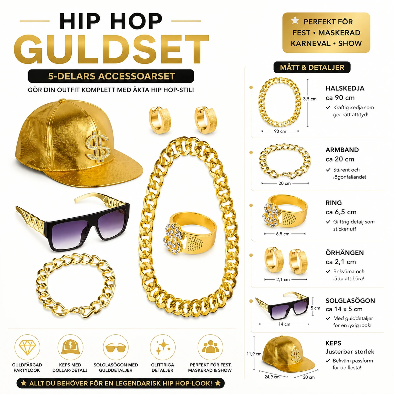 Hip Hop Accessoarer Guld – Kostymset