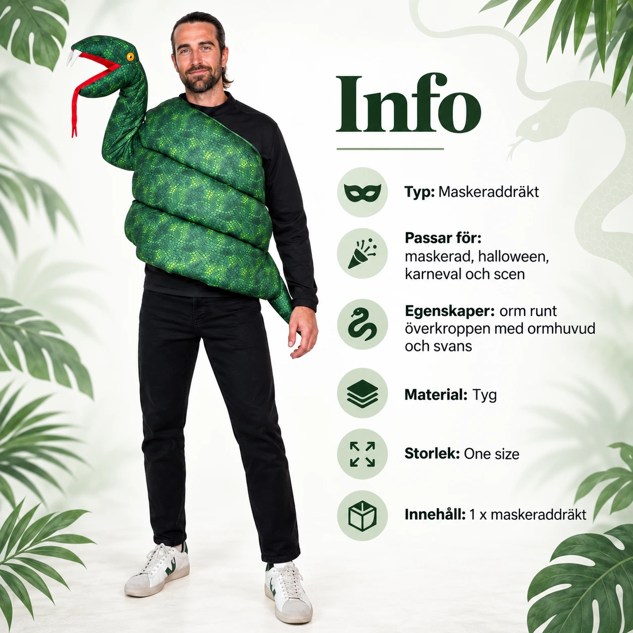 Vihreä käärmeasu pehmustetulla vartalolla