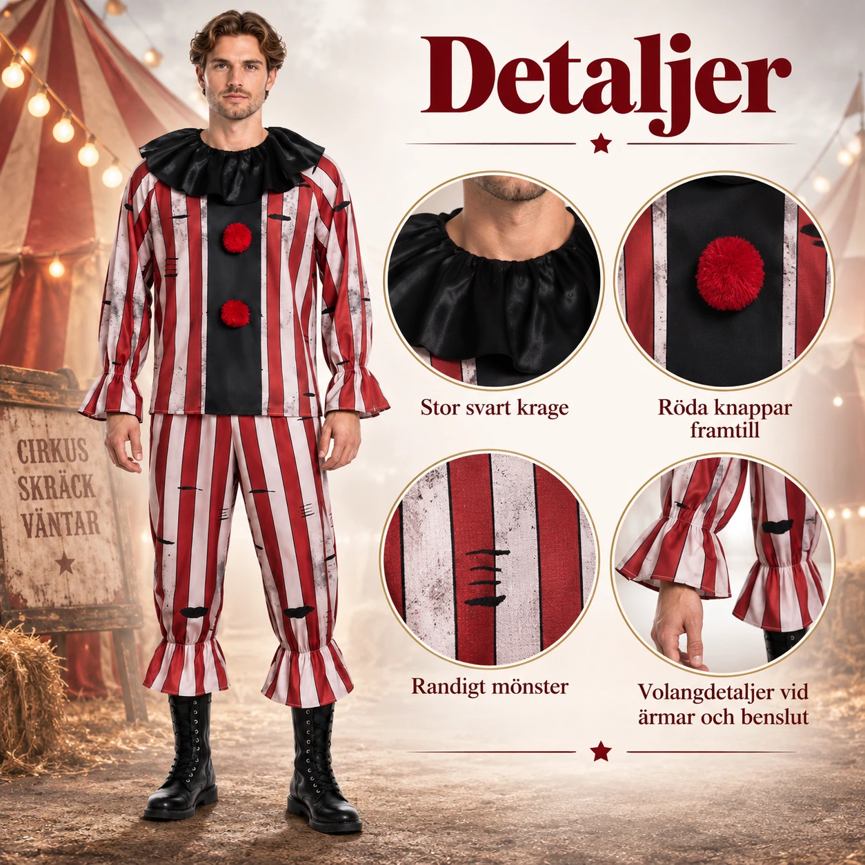 Maskeraddräkt clown med krage och randigt mönster