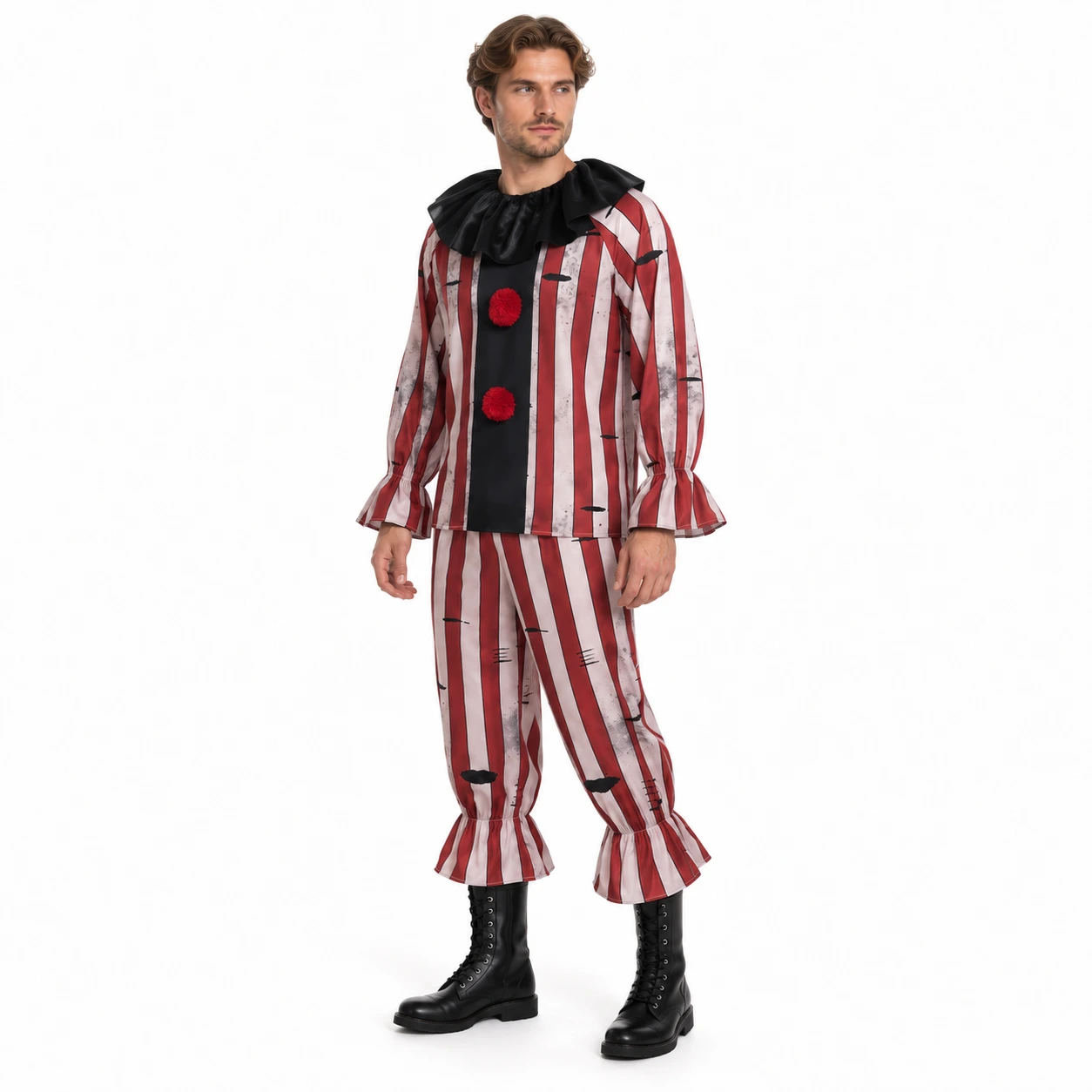 Maskeraddräkt clown med krage och randigt mönster