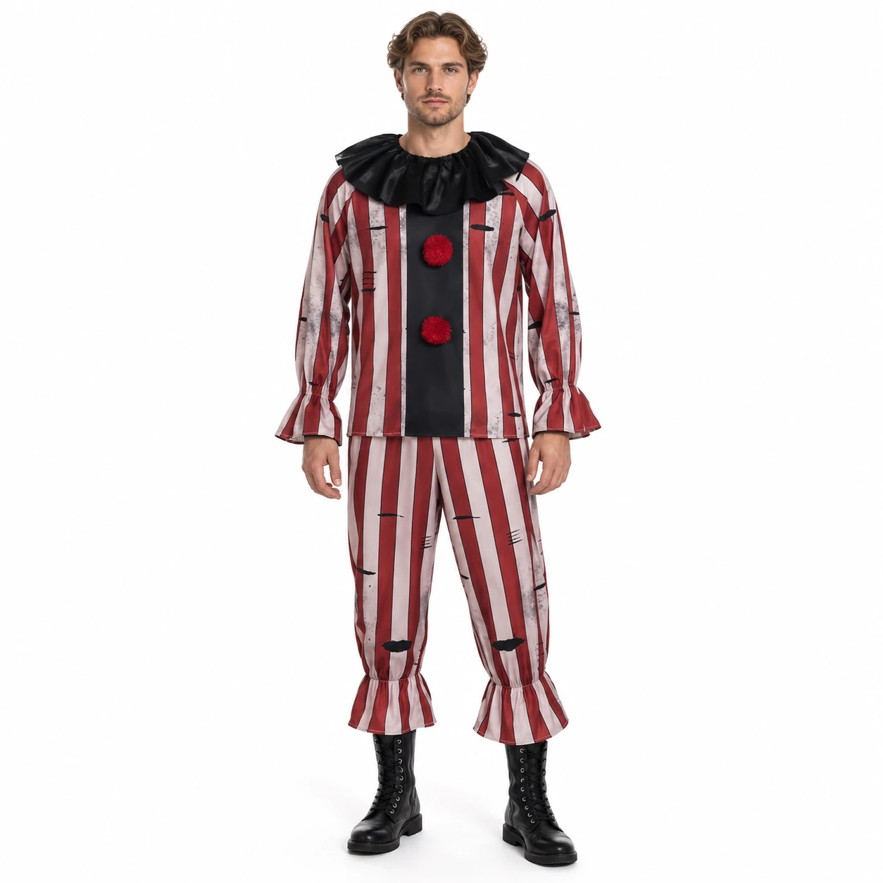 Maskeraddräkt clown med krage och randigt mönster
