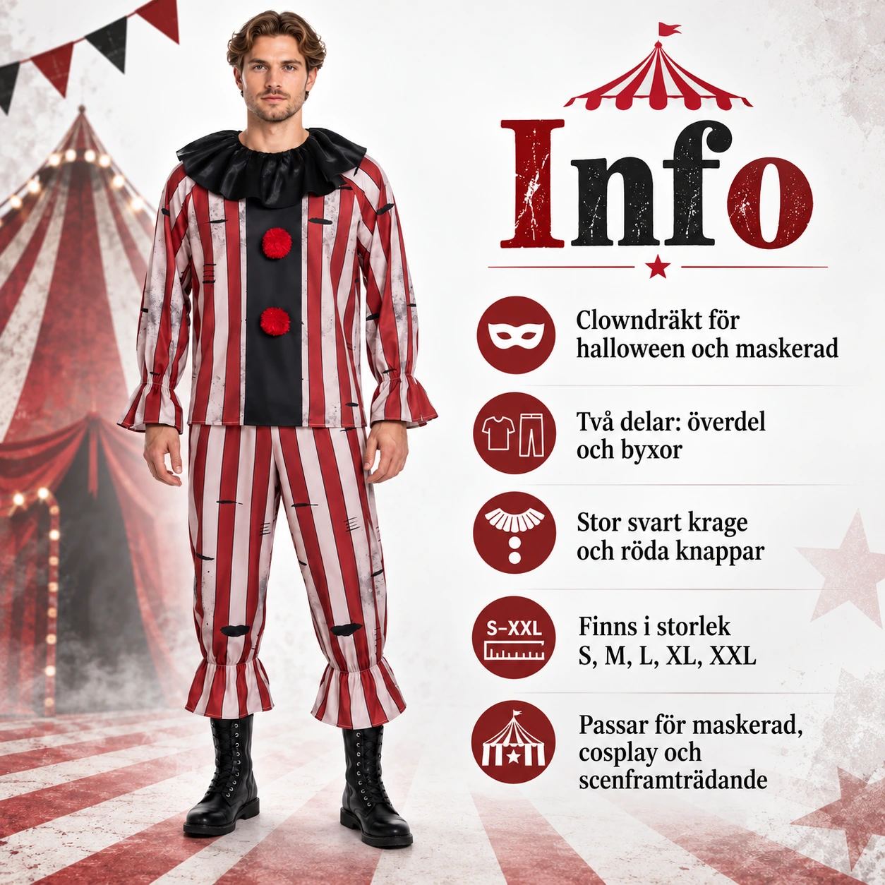 Maskeraddräkt clown med krage och randigt mönster