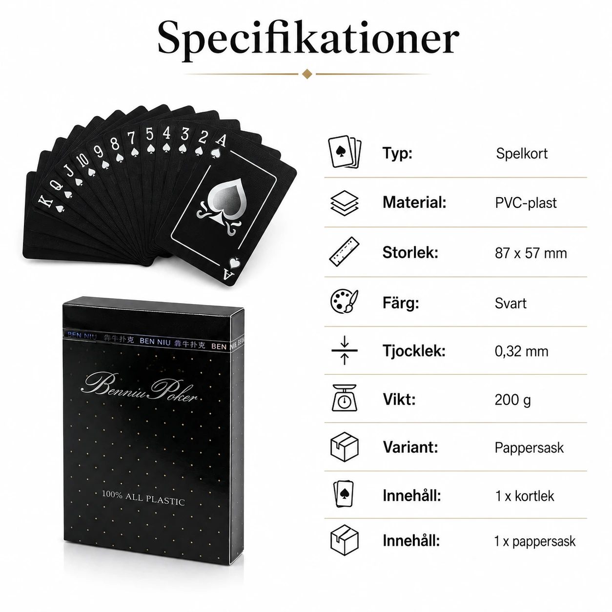 Svarta spelkort i PVC med pappersask
