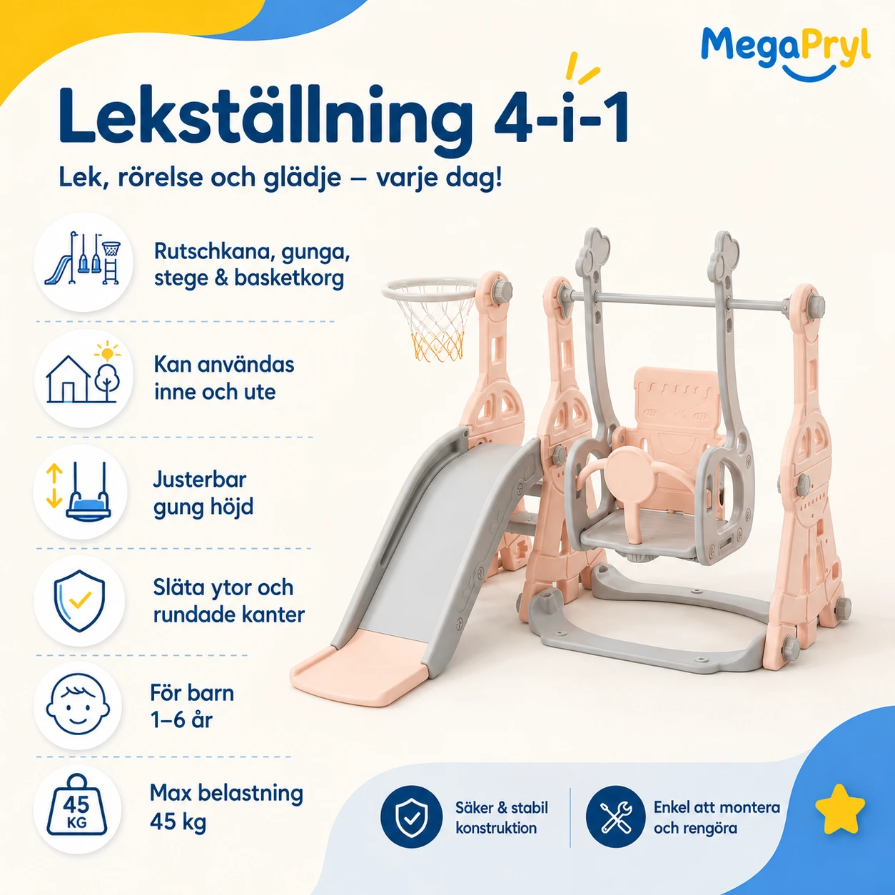 Lekställning för barn med rutschkana, gunga och basketkorg