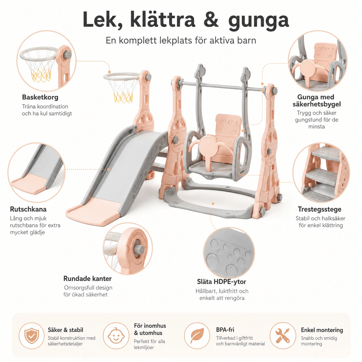 Lekställning för barn med rutschkana, gunga och basketkorg
