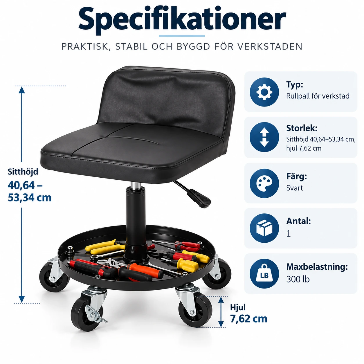 Rullpall för verkstad med ryggstöd och justerbar höjd