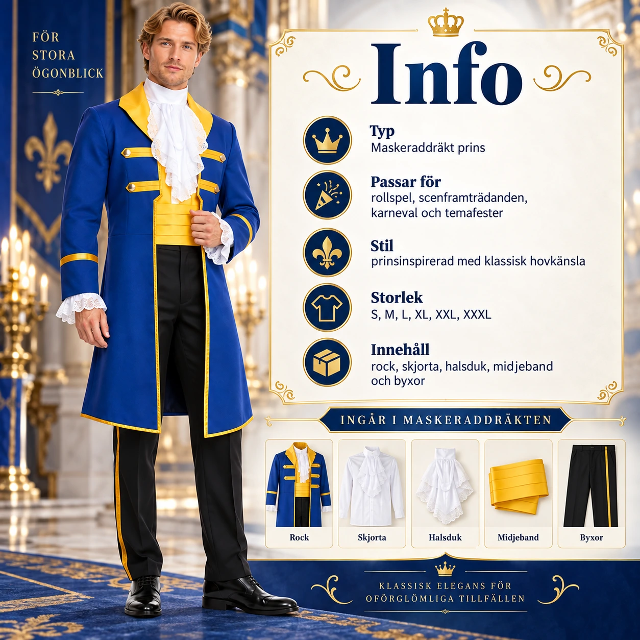 Sininen prinssiasu takilla, paidalla ja housuilla