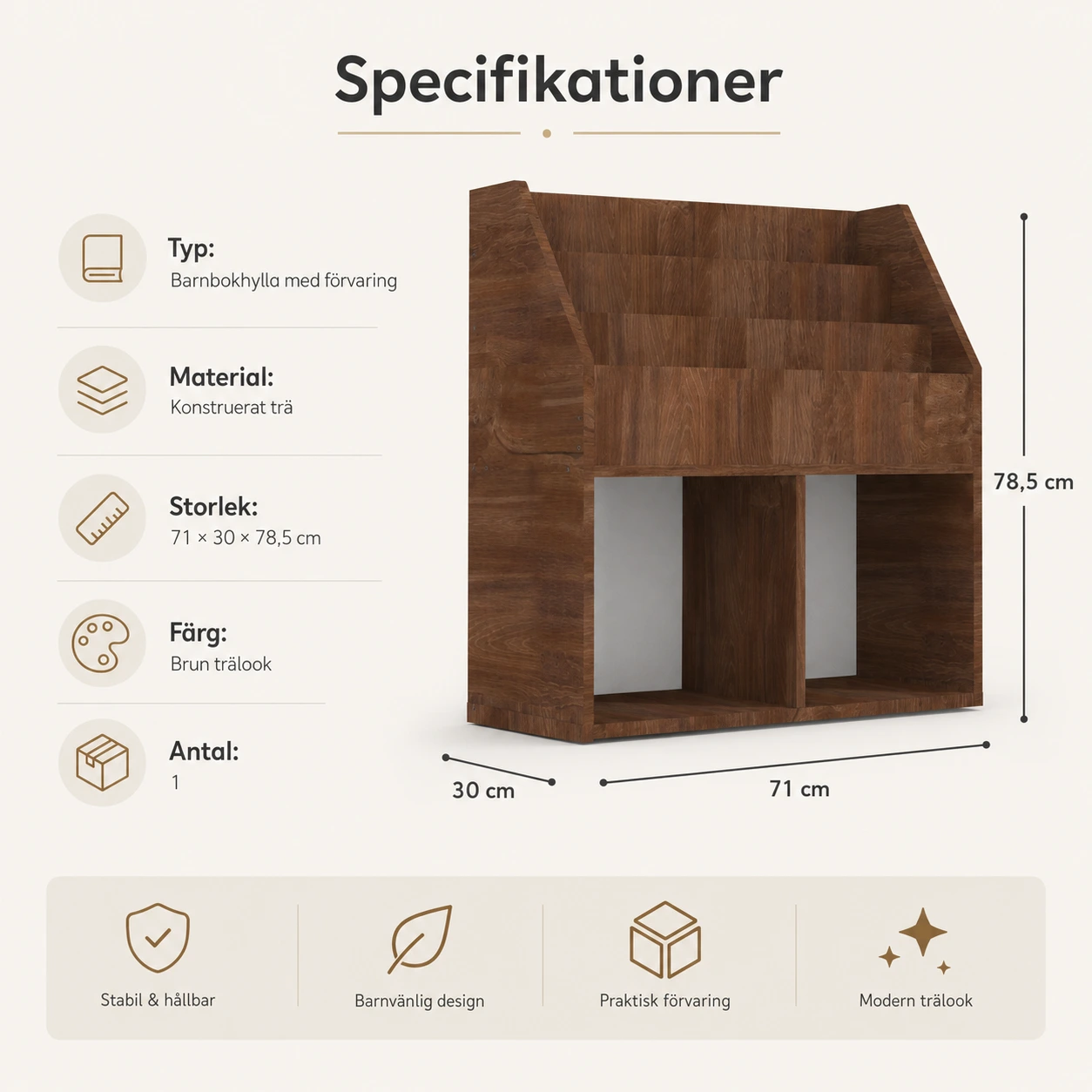 Barnbokhylla med förvaring för sovrum och lekrum