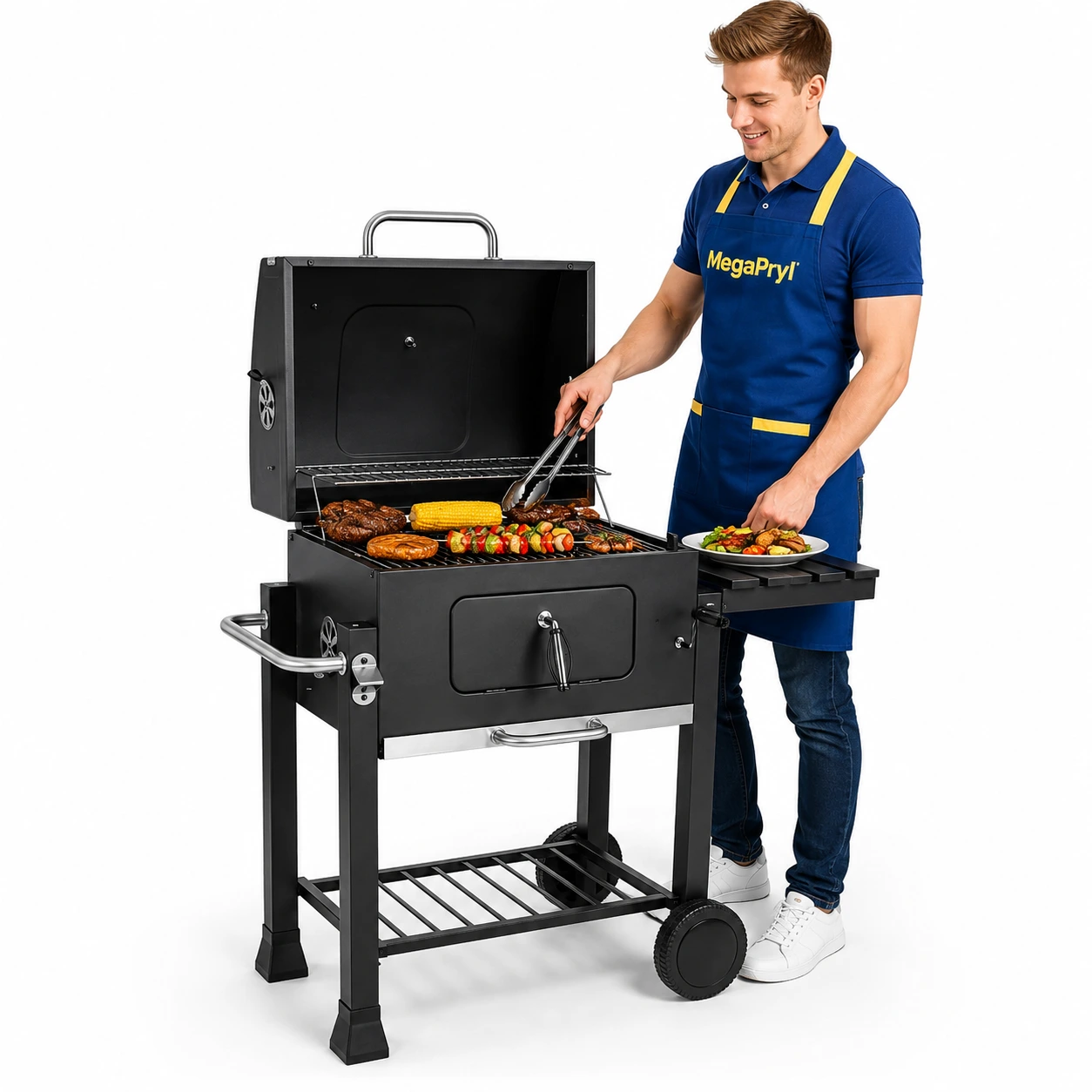 Kolgrill på Vagn med Termometer, Sidobord och Justerbar Kolbricka