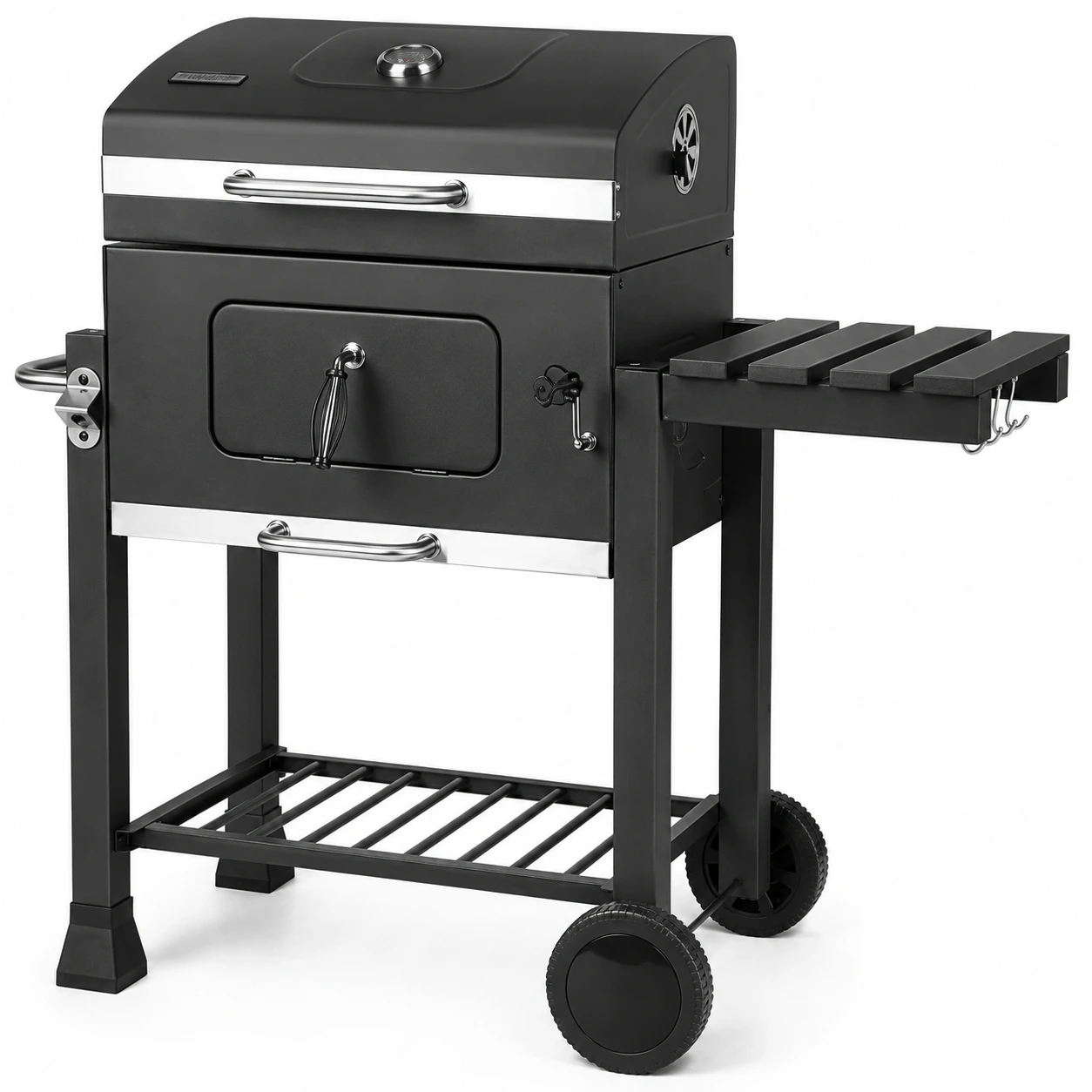 Kolgrill på Vagn med Termometer, Sidobord och Justerbar Kolbricka