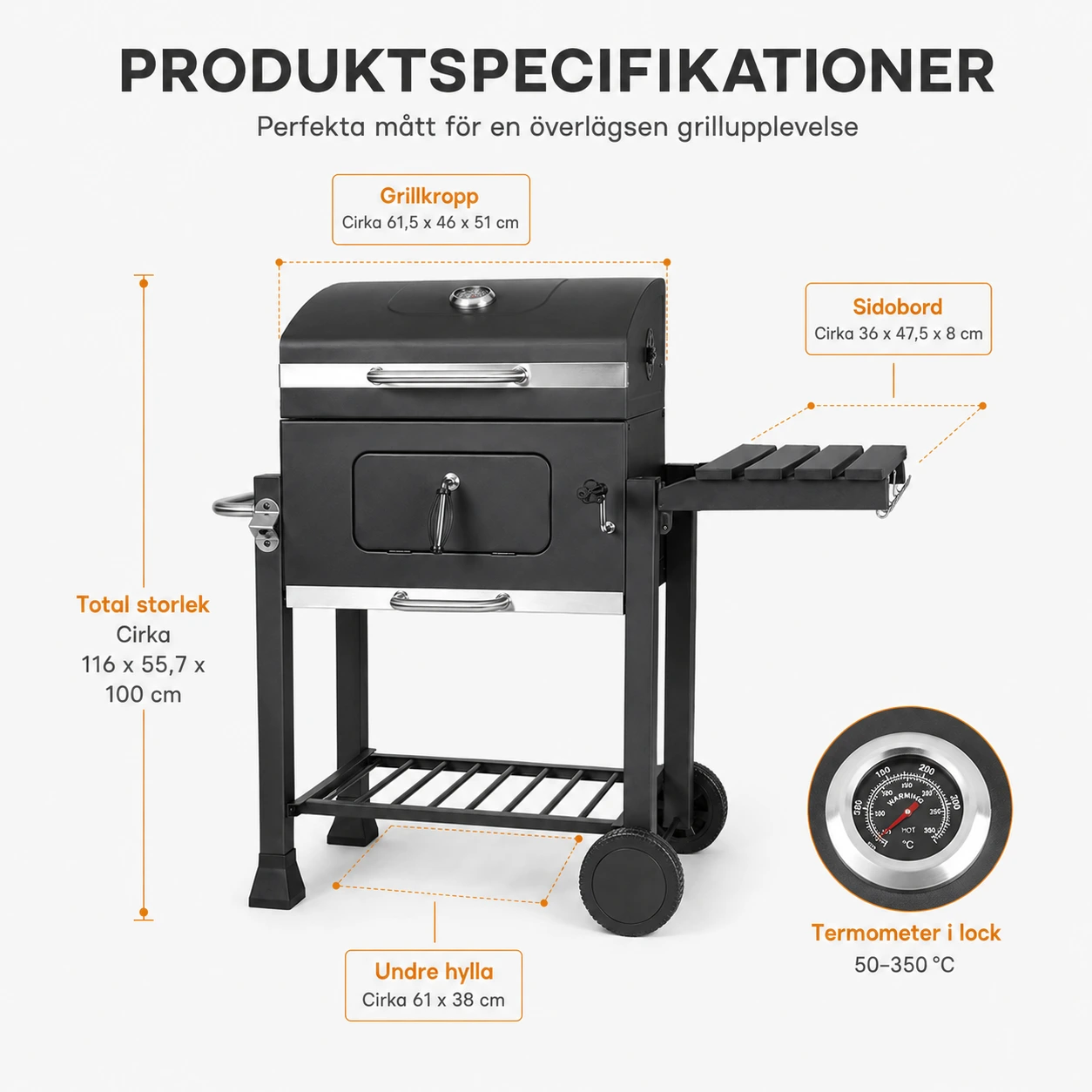 Kolgrill på Vagn med Termometer, Sidobord och Justerbar Kolbricka
