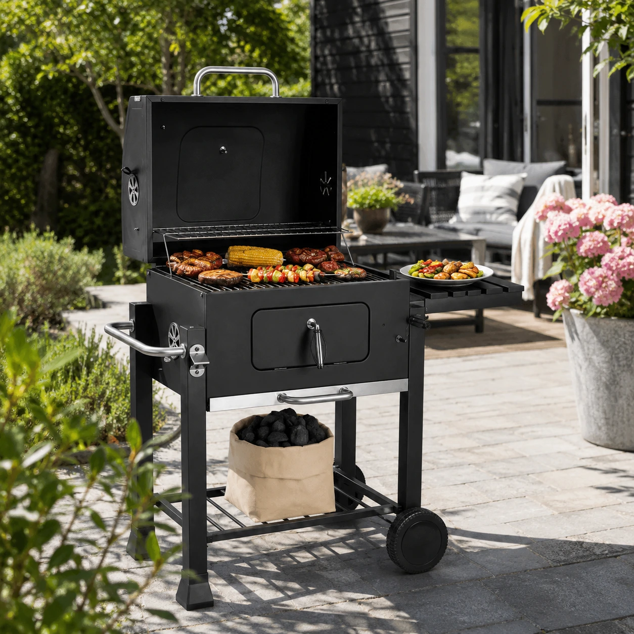 Kolgrill på Vagn med Termometer, Sidobord och Justerbar Kolbricka