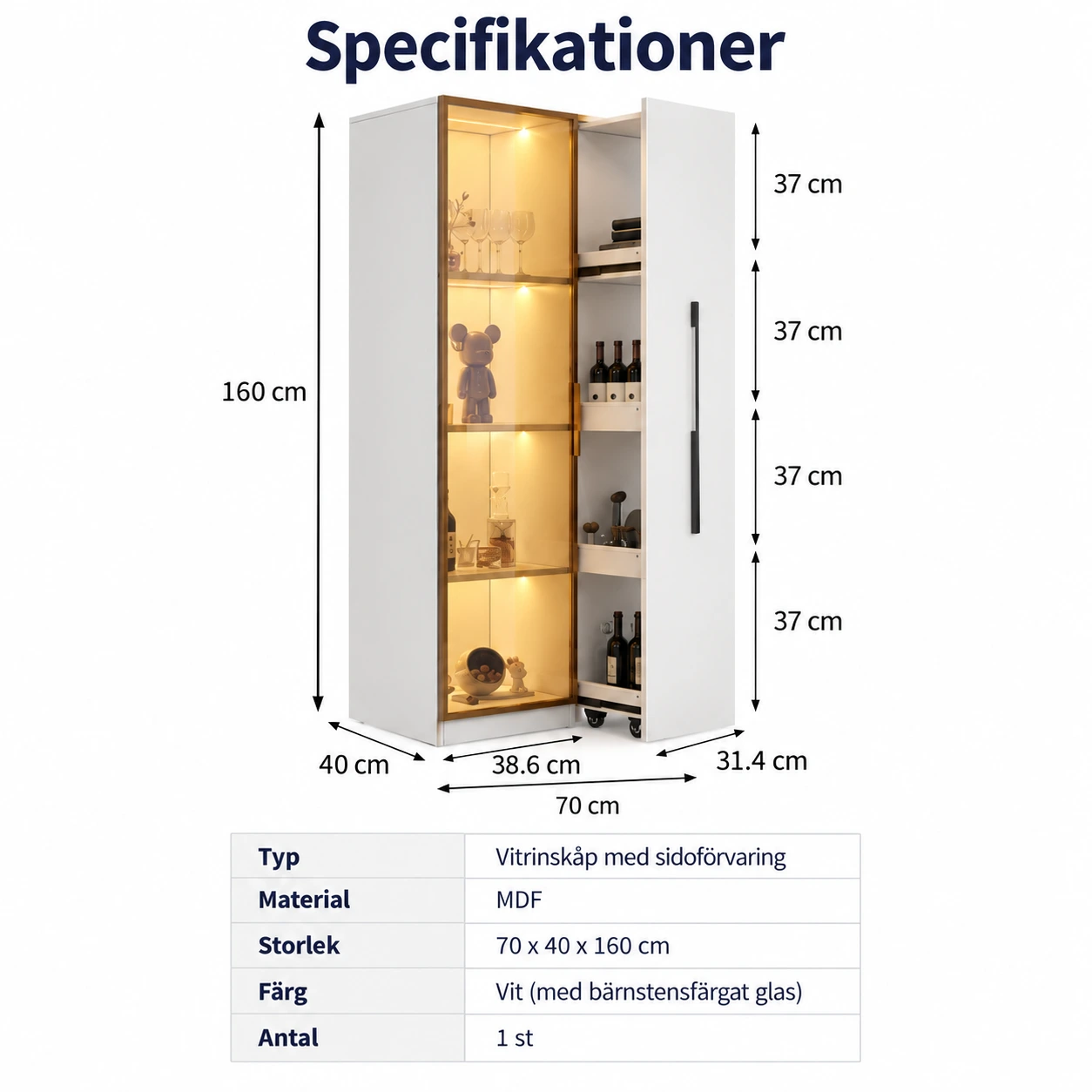 Vitriinikaappi LED-valolla ja sivusäilytyksellä 70x40x160 cm