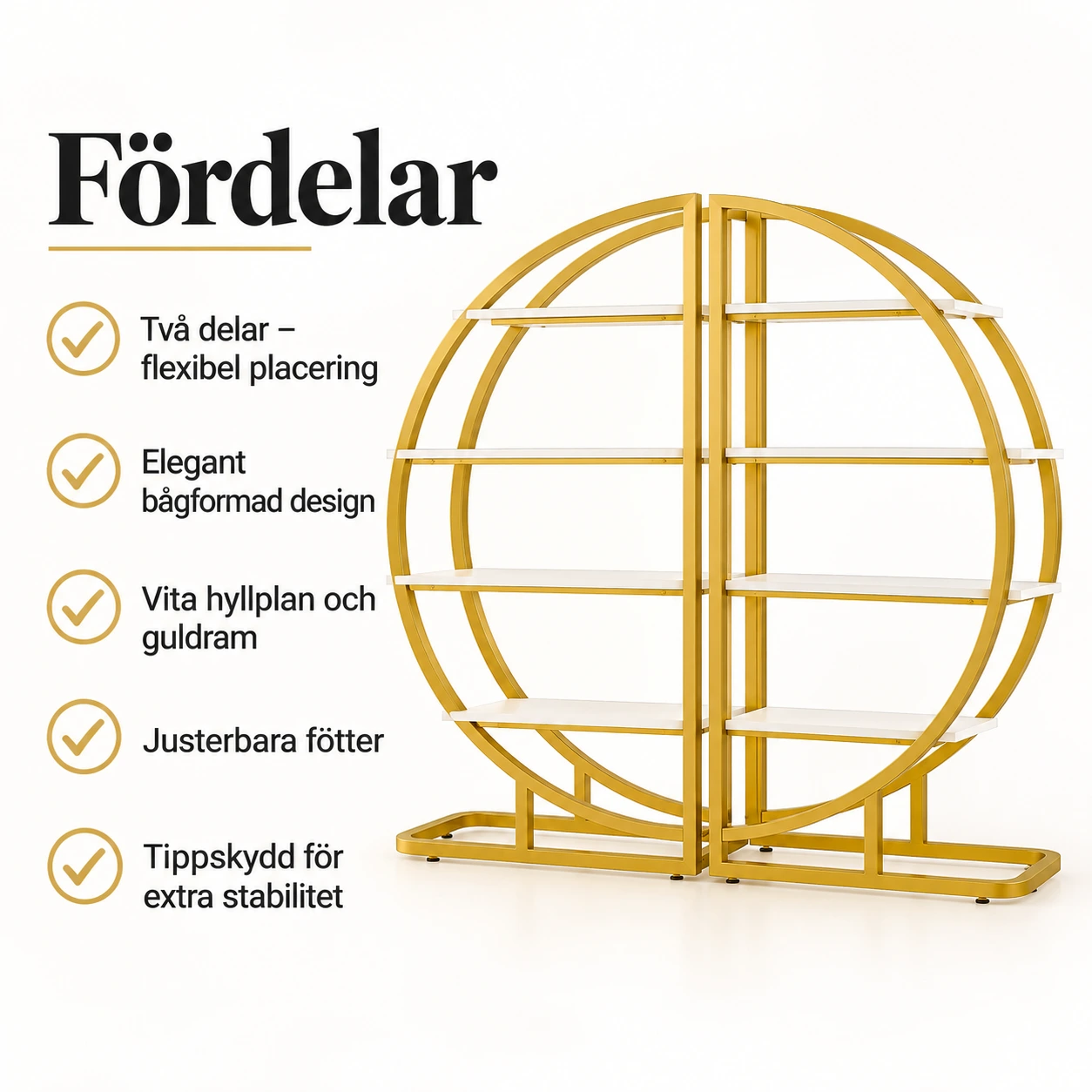 Fristående bokhylla i 2 delar med bågformad design