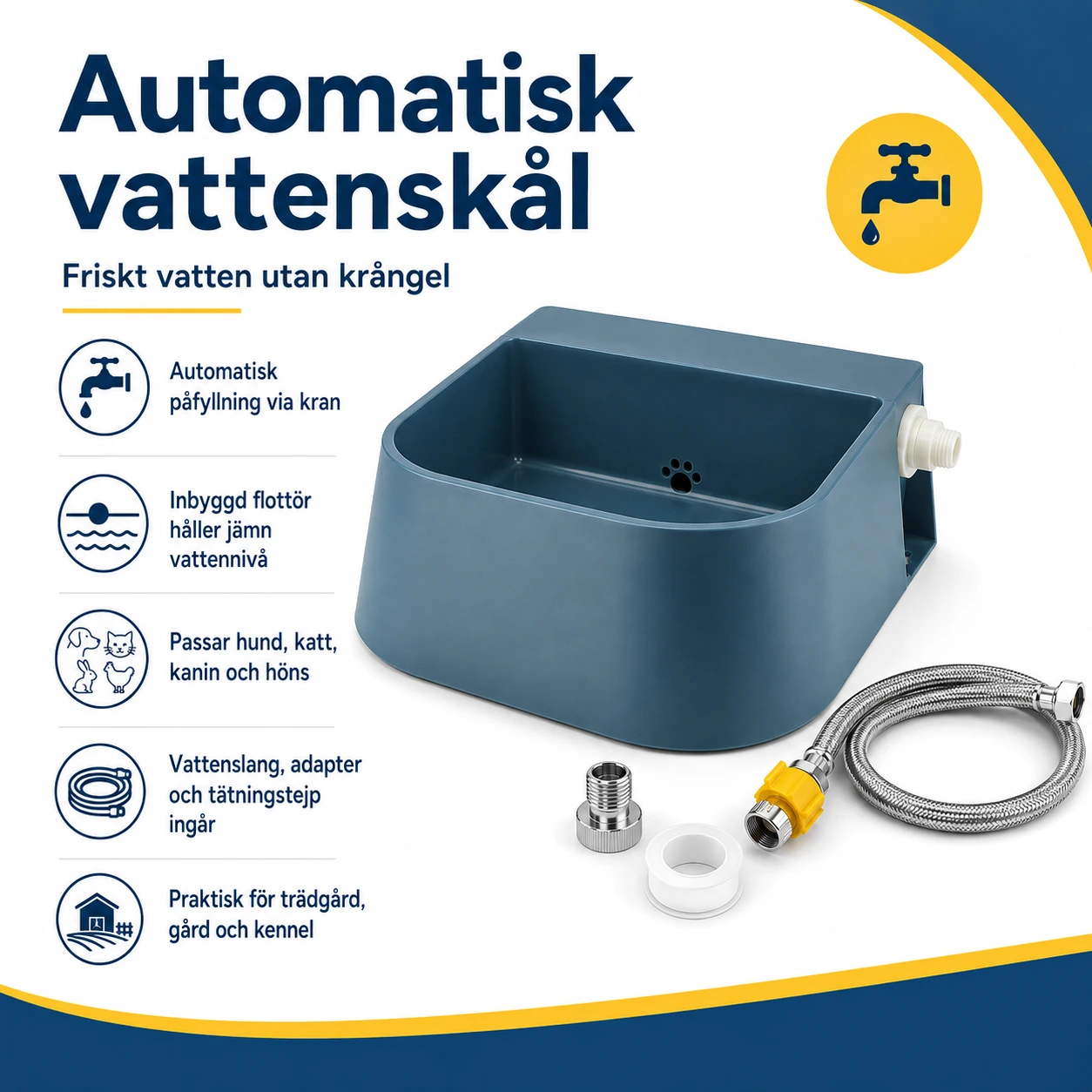 Automatisk vattenskål för husdjur med flottör och vattenslang