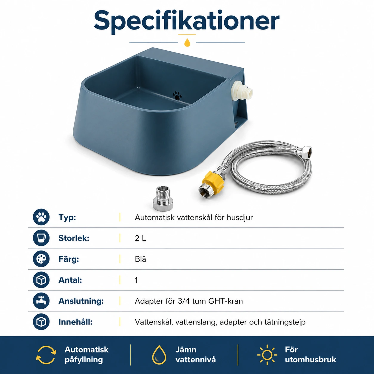 Automatisk vattenskål för husdjur med flottör och vattenslang
