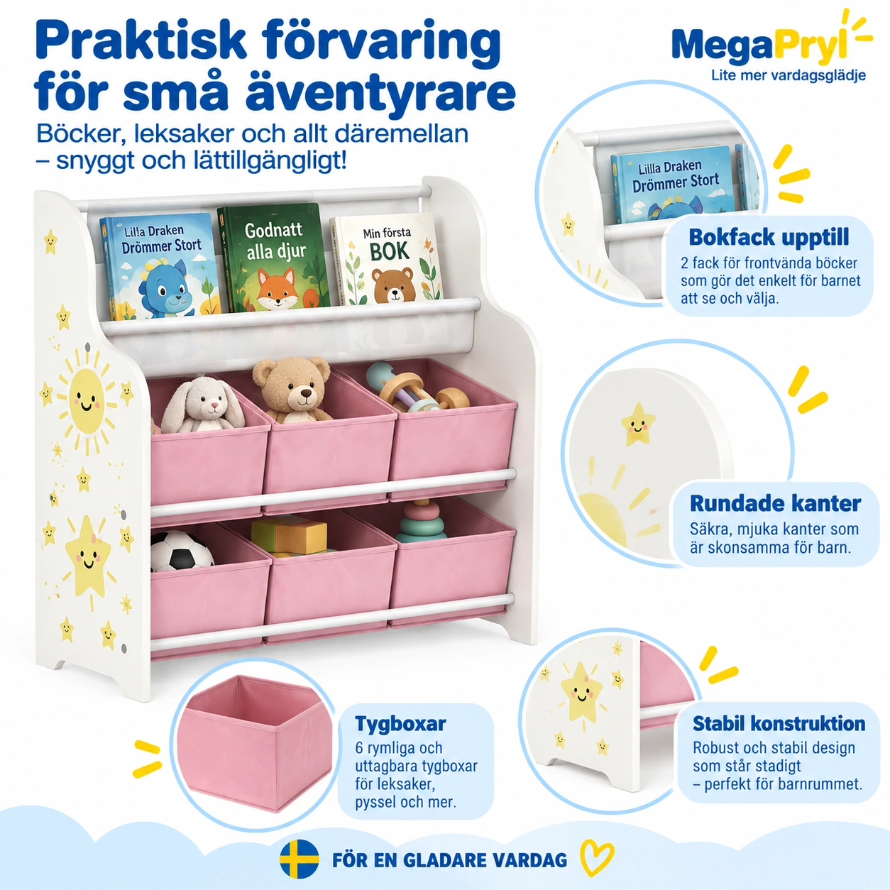 Barnhylla med tygboxar och bokfack 