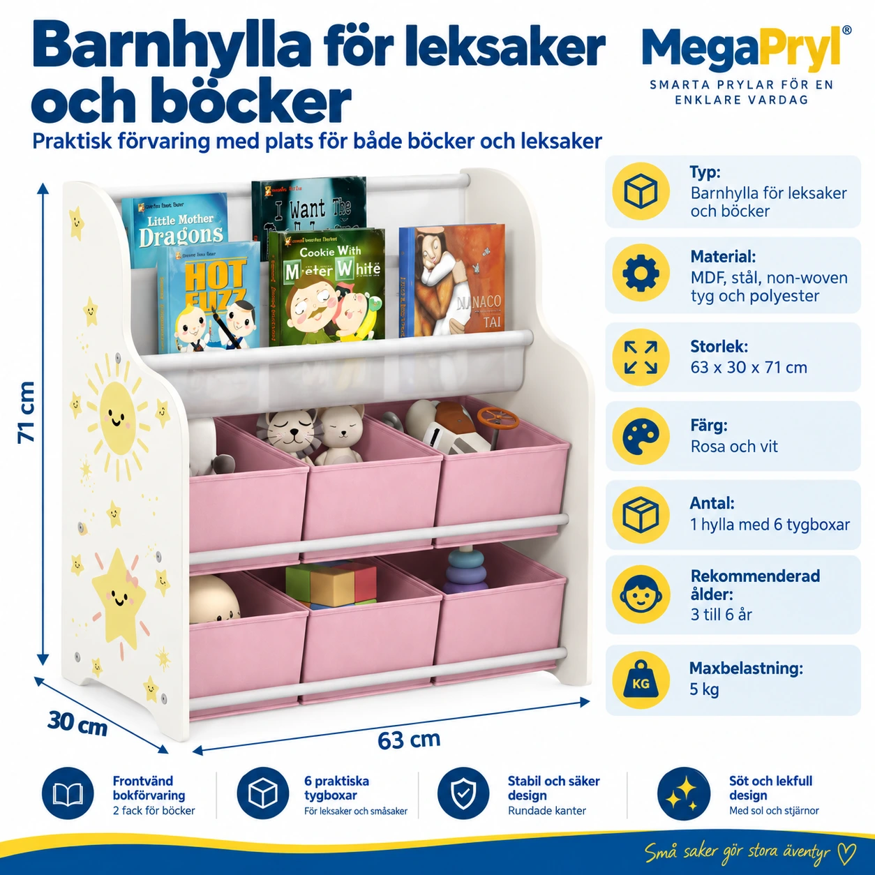 Barnhylla med tygboxar och bokfack 
