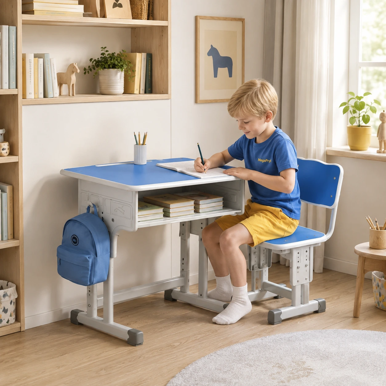 Justerbart skrivbord och stol för barn med stor låda