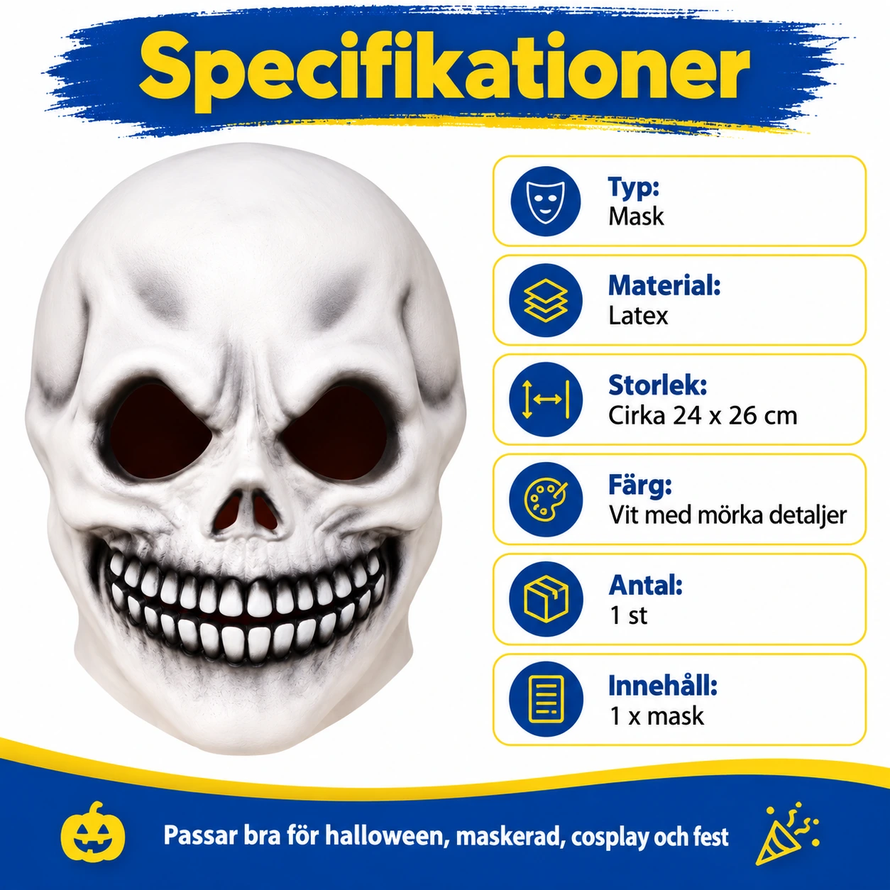 Skallemask för halloween och maskerad