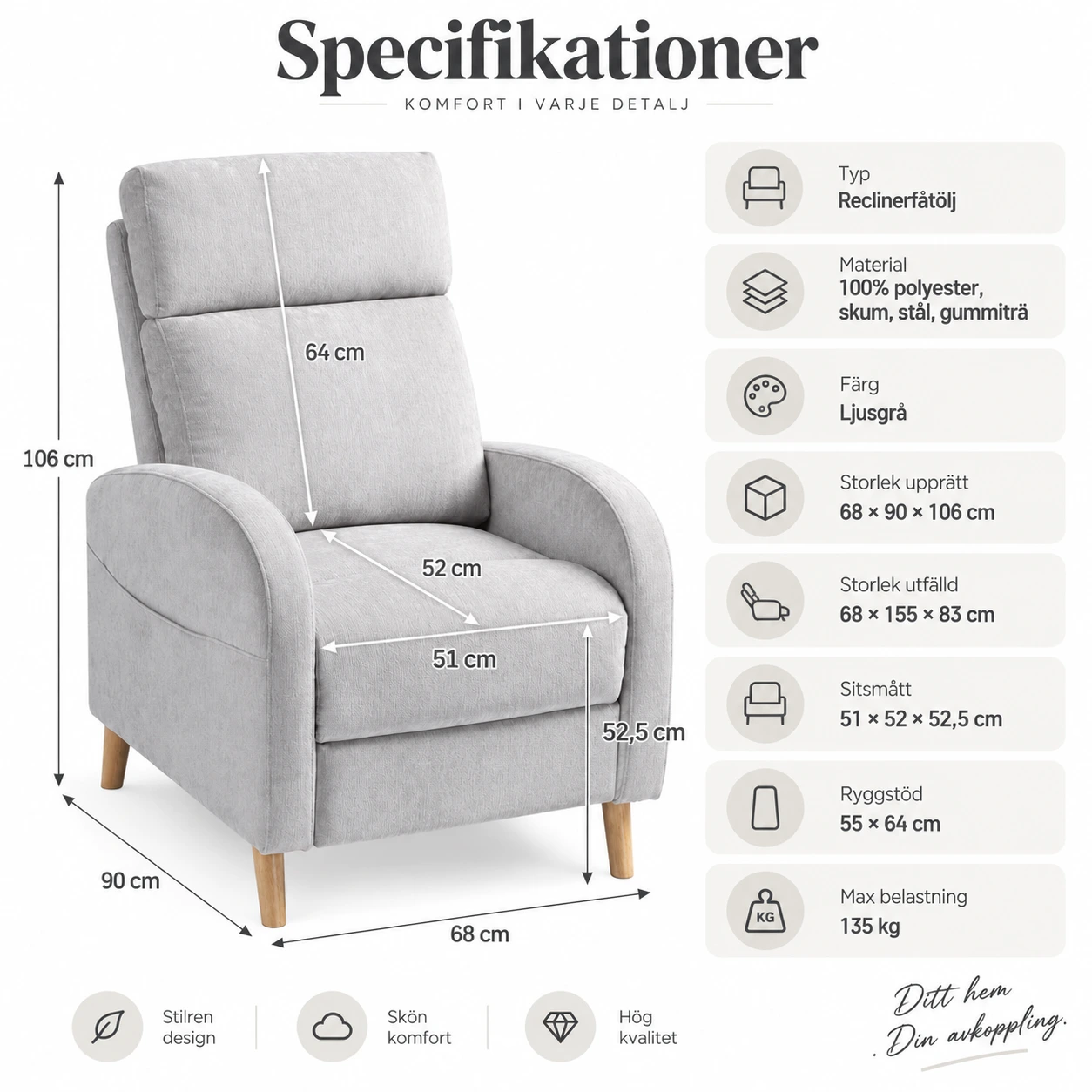 Vaaleanharmaa lepotuoli jalkatuella ja sivutaskulla