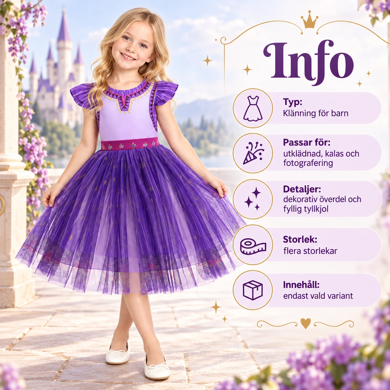 Lasten violetti juhla- ja naamiaismekko tyllihameella