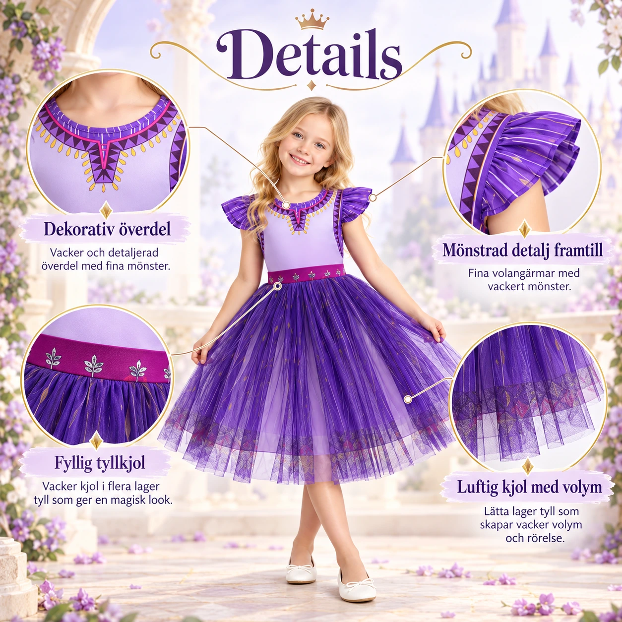 Lasten violetti juhla- ja naamiaismekko tyllihameella