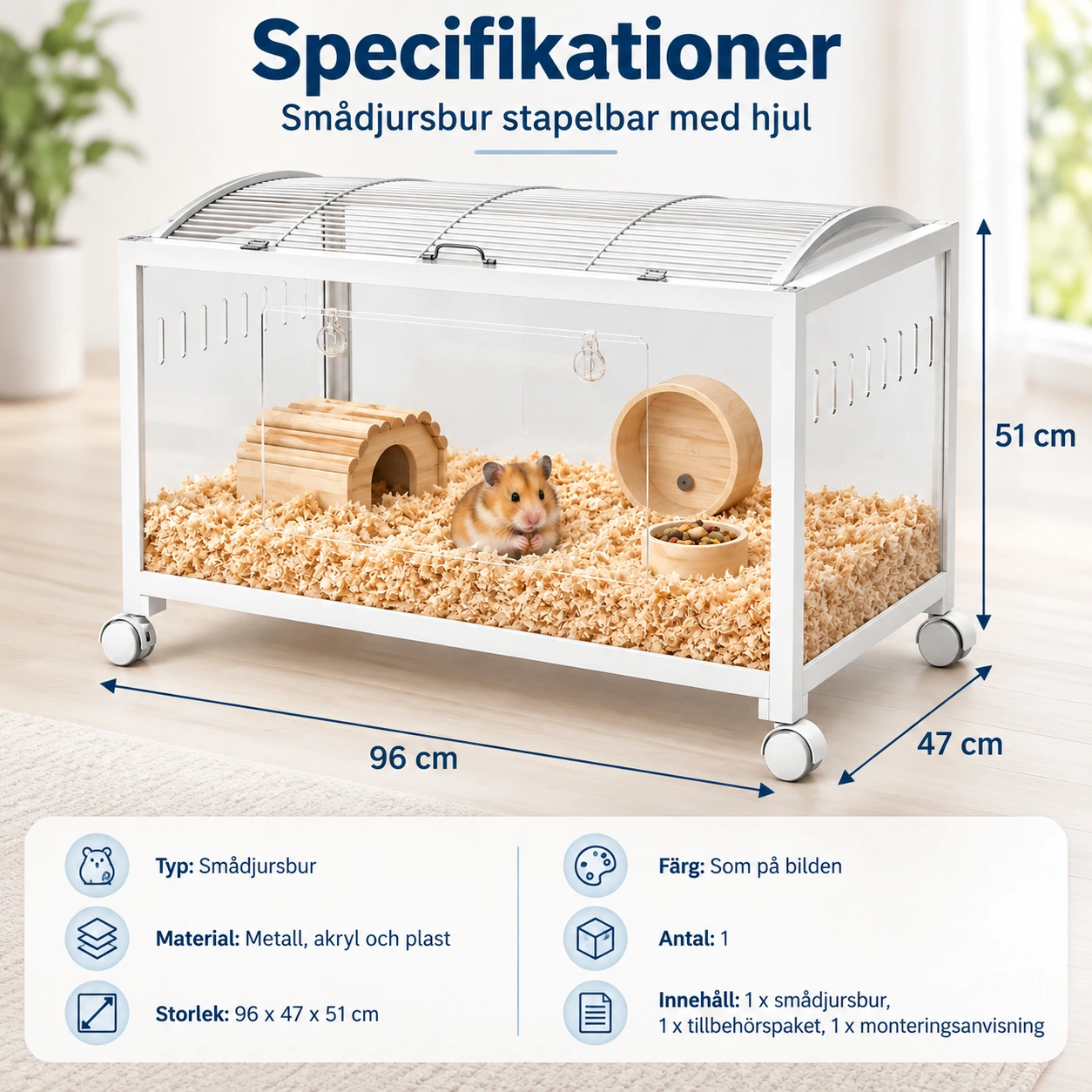 Smådjursbur stapelbar med hjul, 96 x 47 x 51 cm