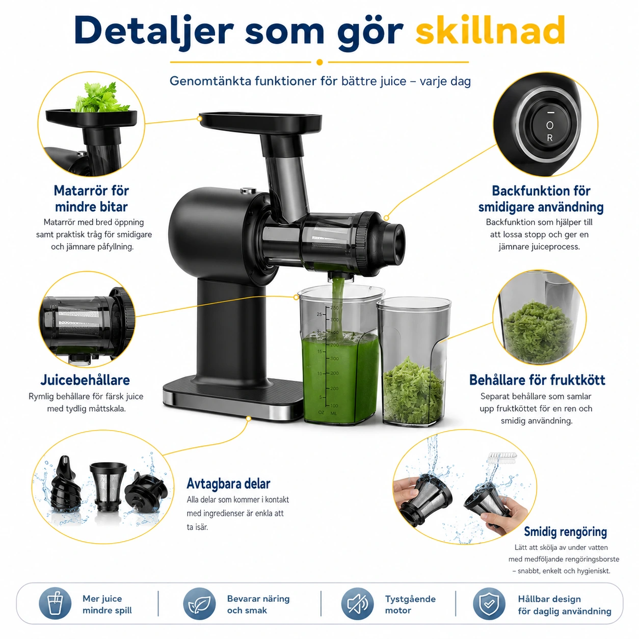 Slow juicer för frukt och grönsaker med backfunktion