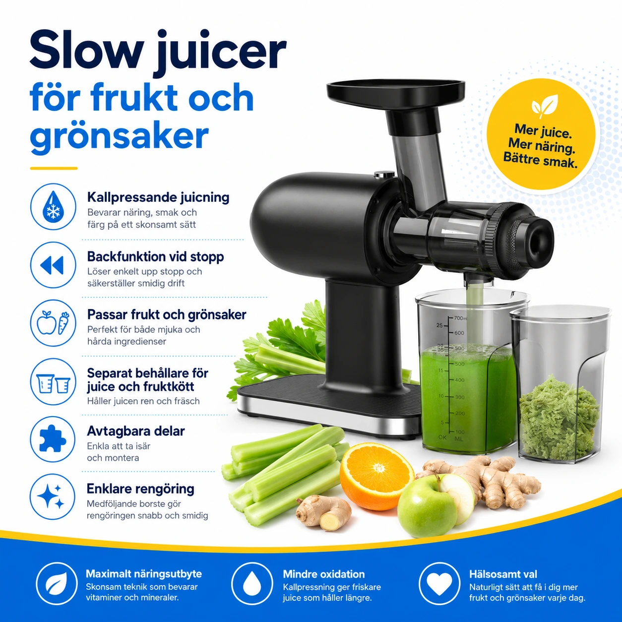 Slow juicer hedelmille ja vihanneksille peruutustoiminnolla