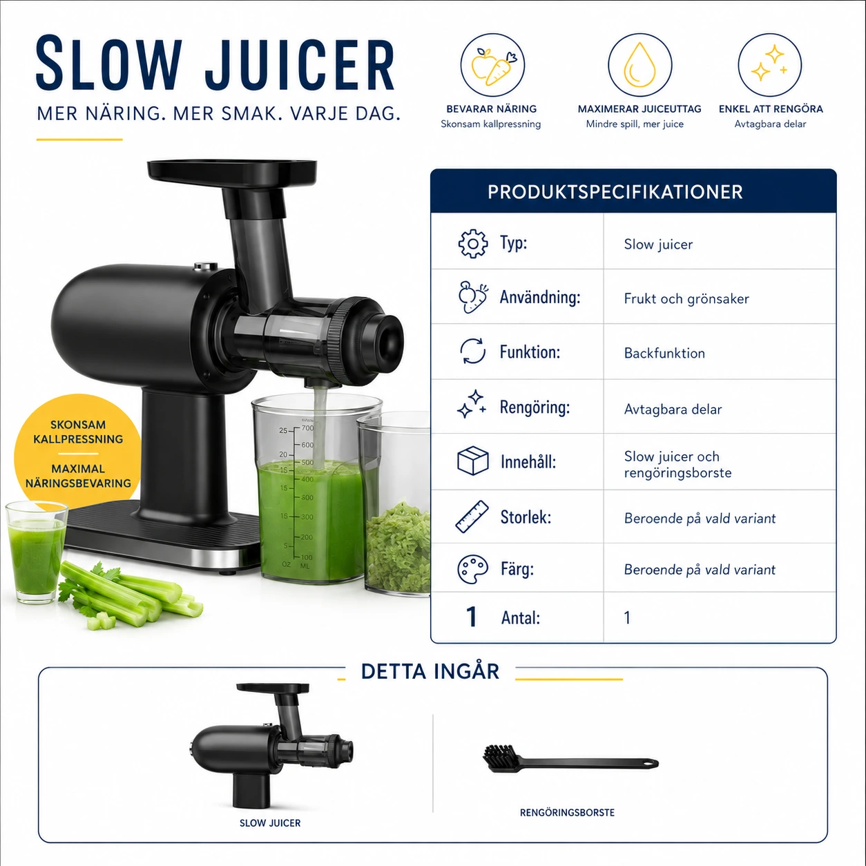 Slow juicer för frukt och grönsaker med backfunktion