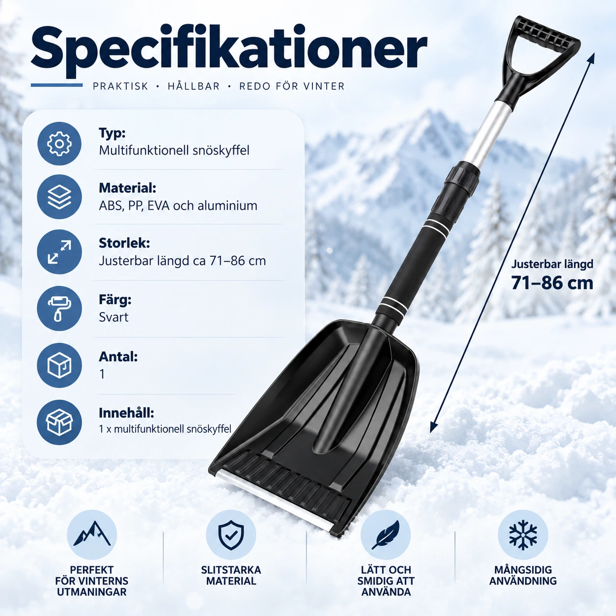 Teleskopisk snöskyffel för bil med avtagbar design