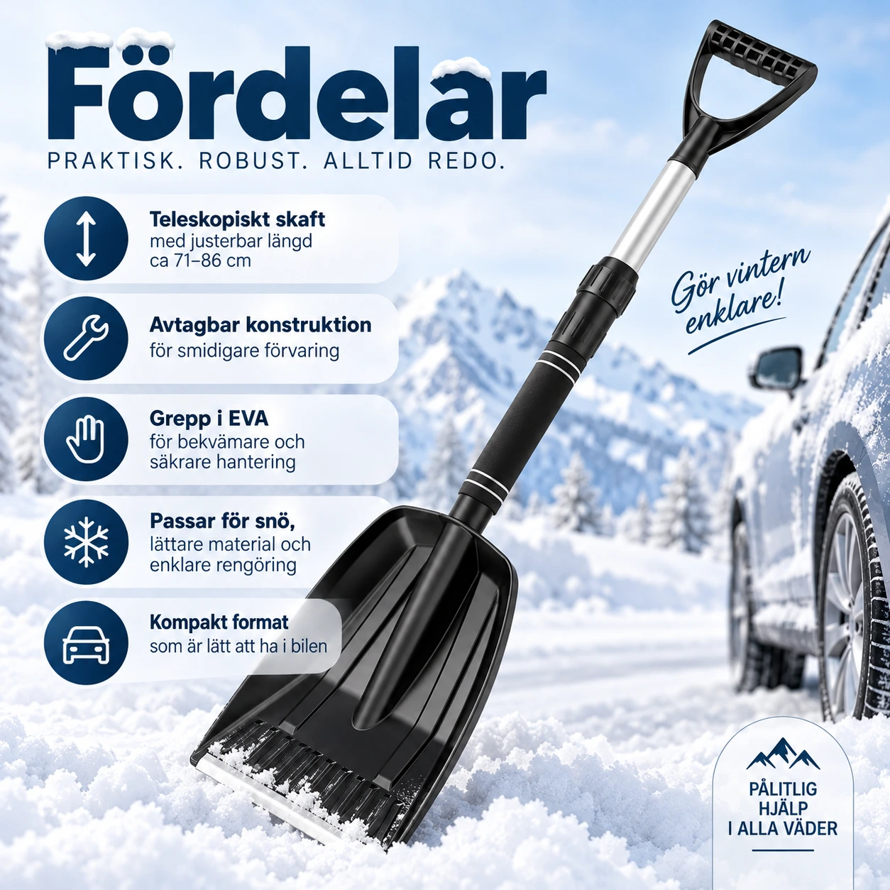Teleskopisk snöskyffel för bil med avtagbar design