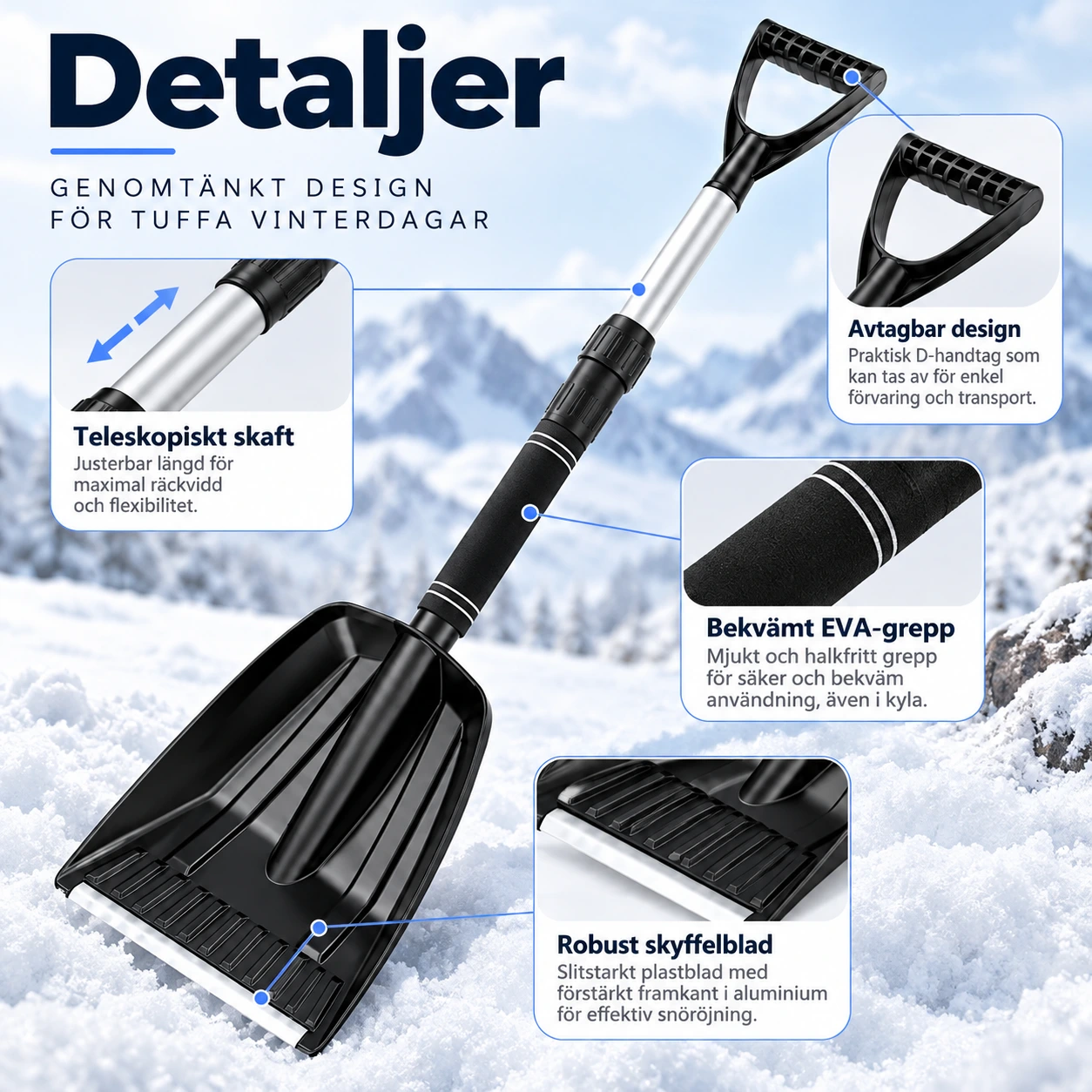 Teleskopisk snöskyffel för bil med avtagbar design